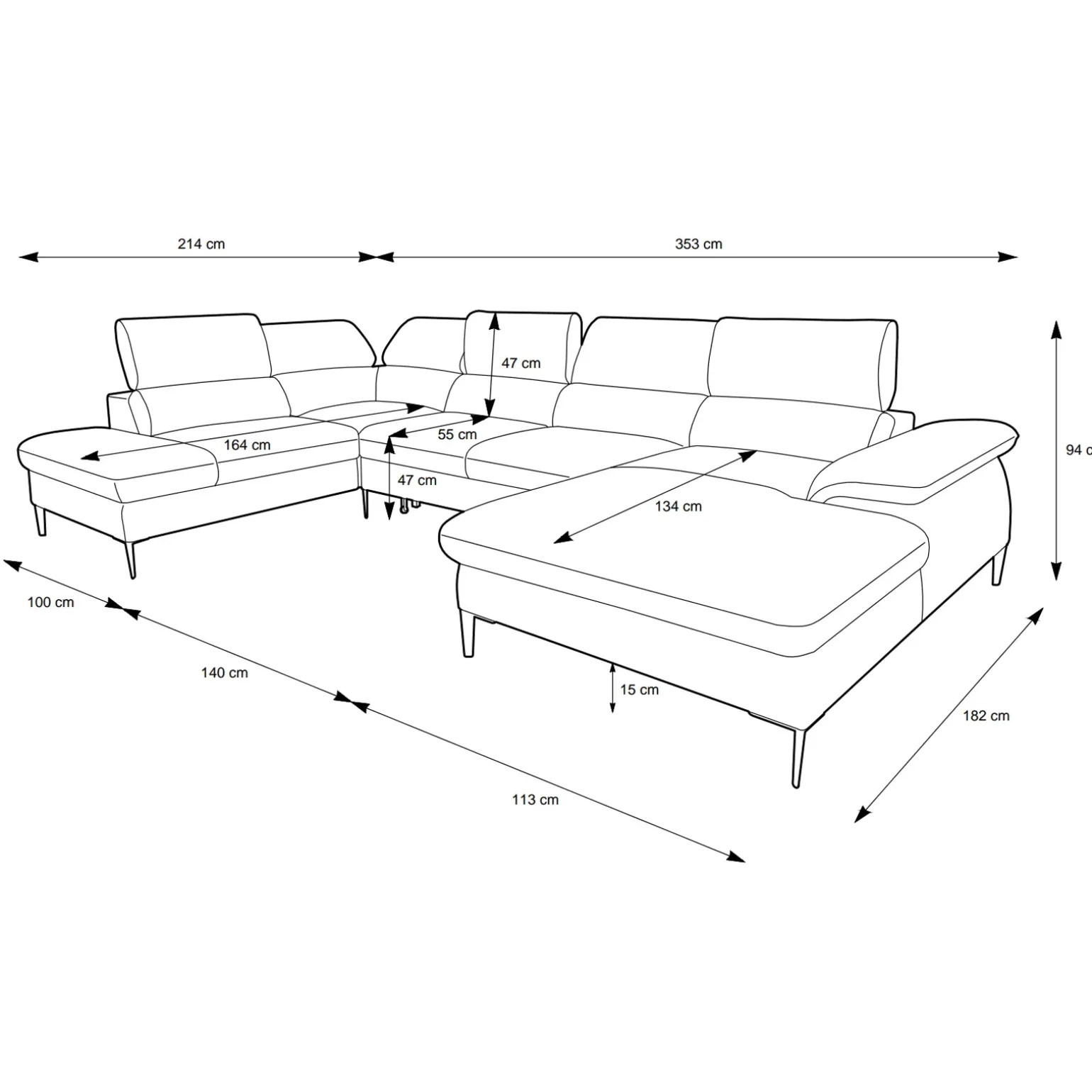Divano letto regolabile angolare destro 5 posti 353x214cm tessuto arancio corallo Calmora