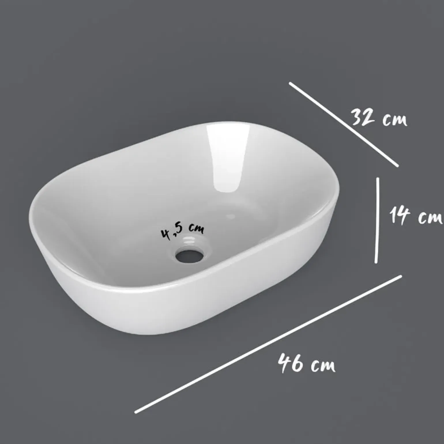 Lavabo bagno da appoggio 46x32cm in ceramica bianco lucido Frejus