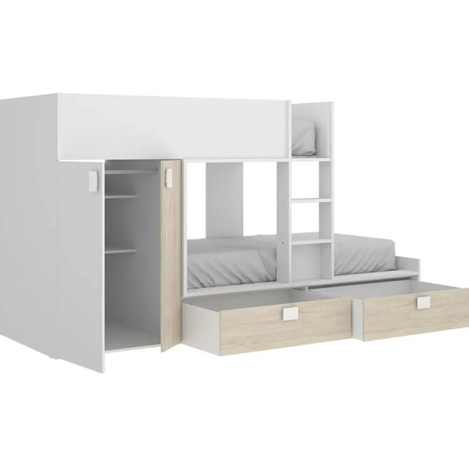 Letto a castello con armadio 275x106cm bianco rovere Clark
