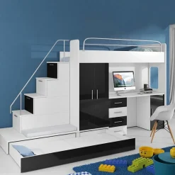 Letto a soppalco con armadio 324x180cm bianco nero 2  letti Diego Gihome®