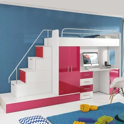 Letto a soppalco con armadio 324x180cm bianco rosa 2  letti Diego Gihome®
