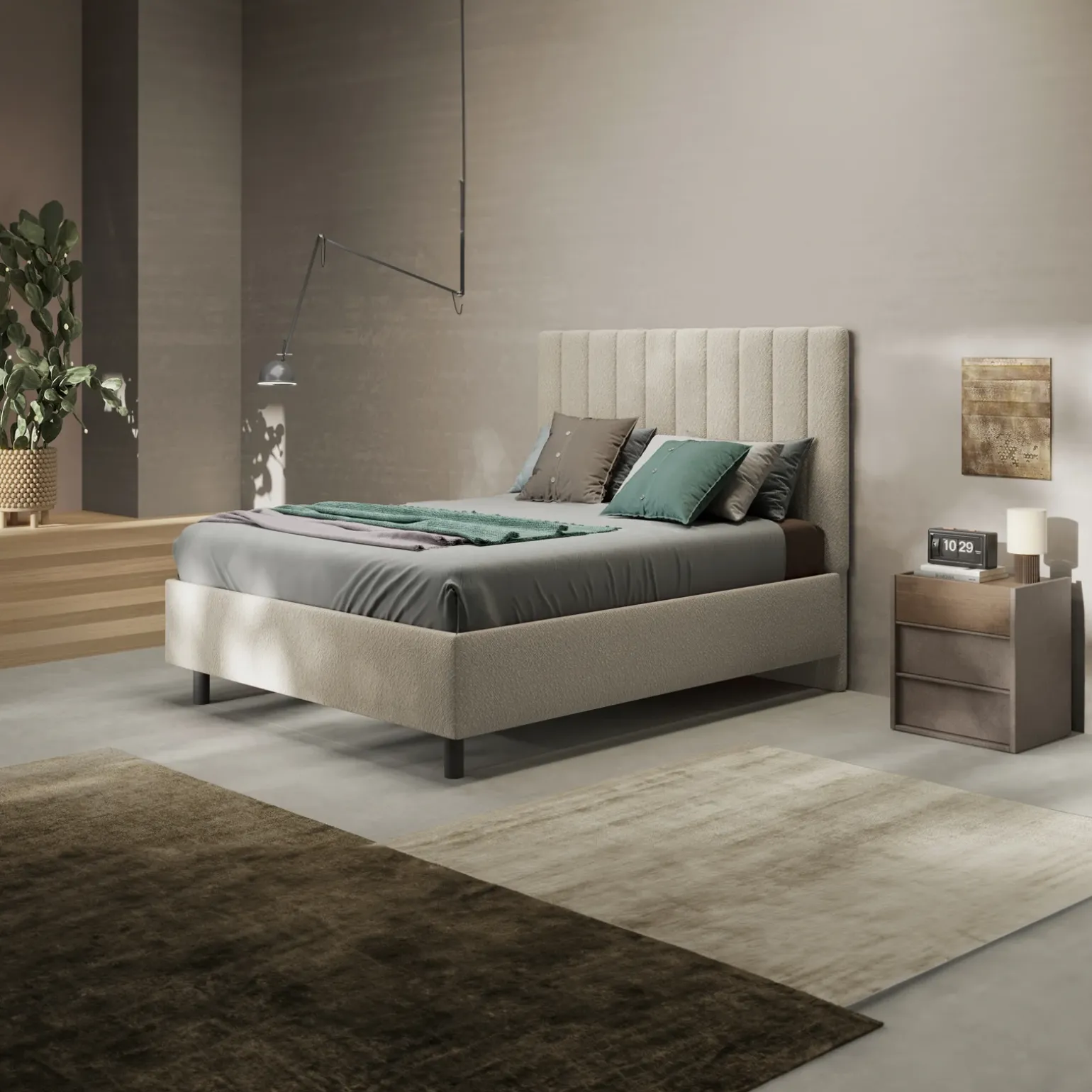 Letto contenitore matrimoniale 160x195 imbottito tessuto bouclè beige CozyCubby