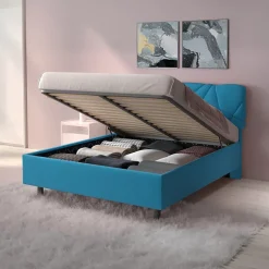 Letto contenitore matrimoniale 160x195 imbottito tessuto azzurro LuxeSleep