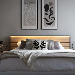 Letto matrimoniale contenitore 160x200cm con LED e presa USB-C grigio nero rovere Luna