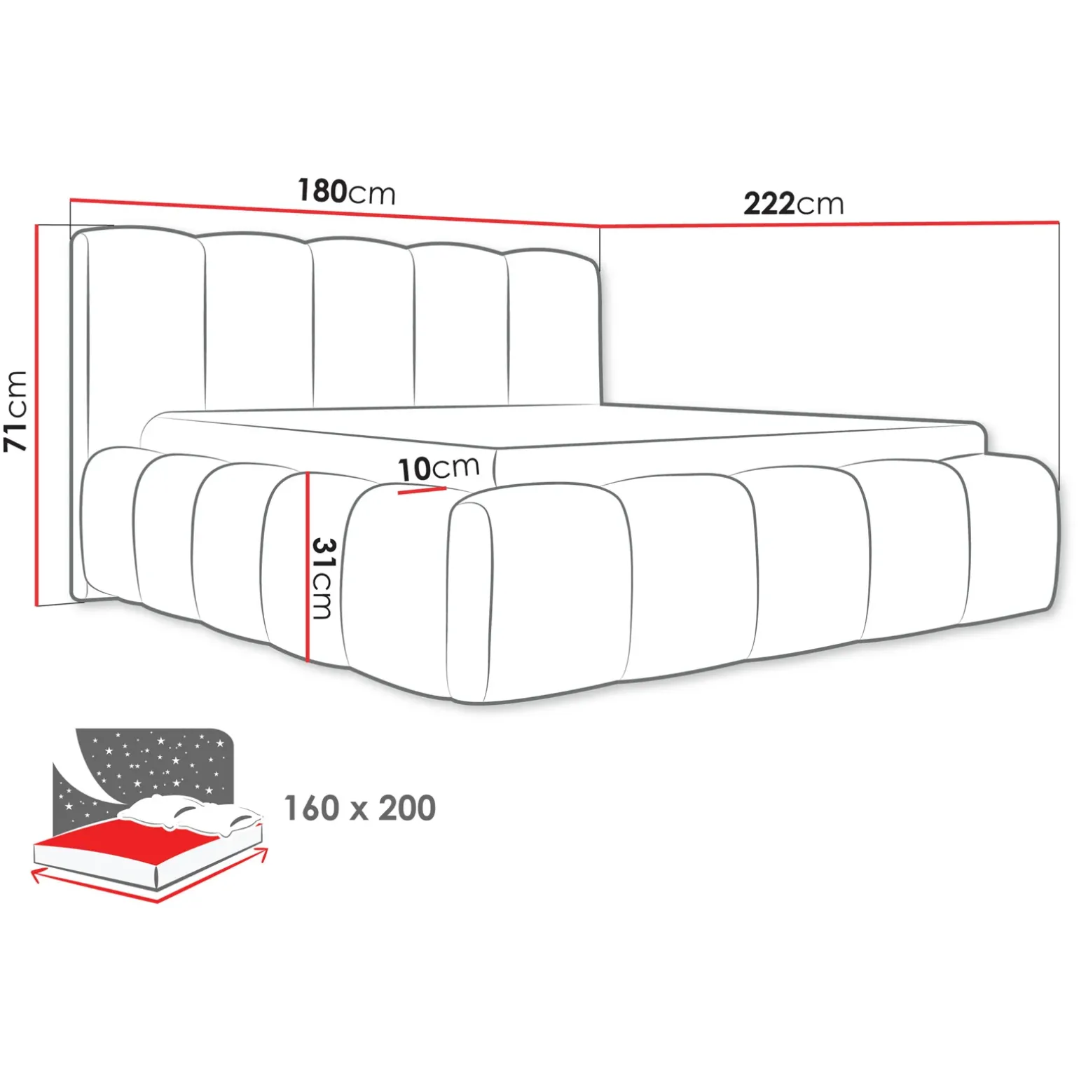 Letto matrimoniale 160x200cm con rete contenitore imbottito azzurro grigio Aluna