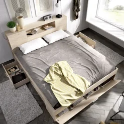 Letto matrimoniale 160x200cm con cassettoni e libreria rovere Nolito