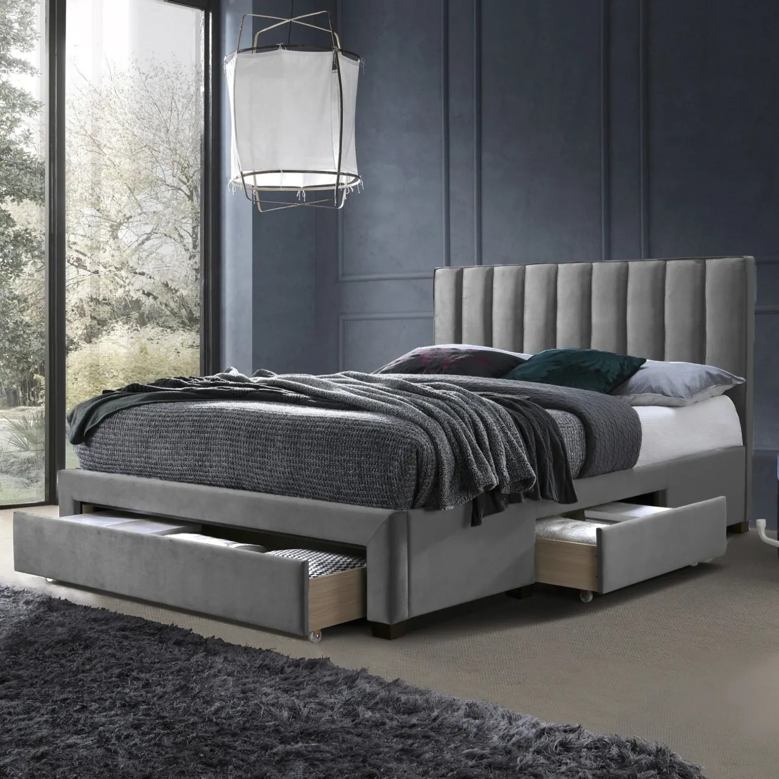 Letto matrimoniale 160x200cm imbottito con cassettoni in velluto grigio Lux