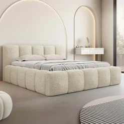 Letto oversize 180x200cm con rete contenitore imbottito tessuto bouclé beige Aluna