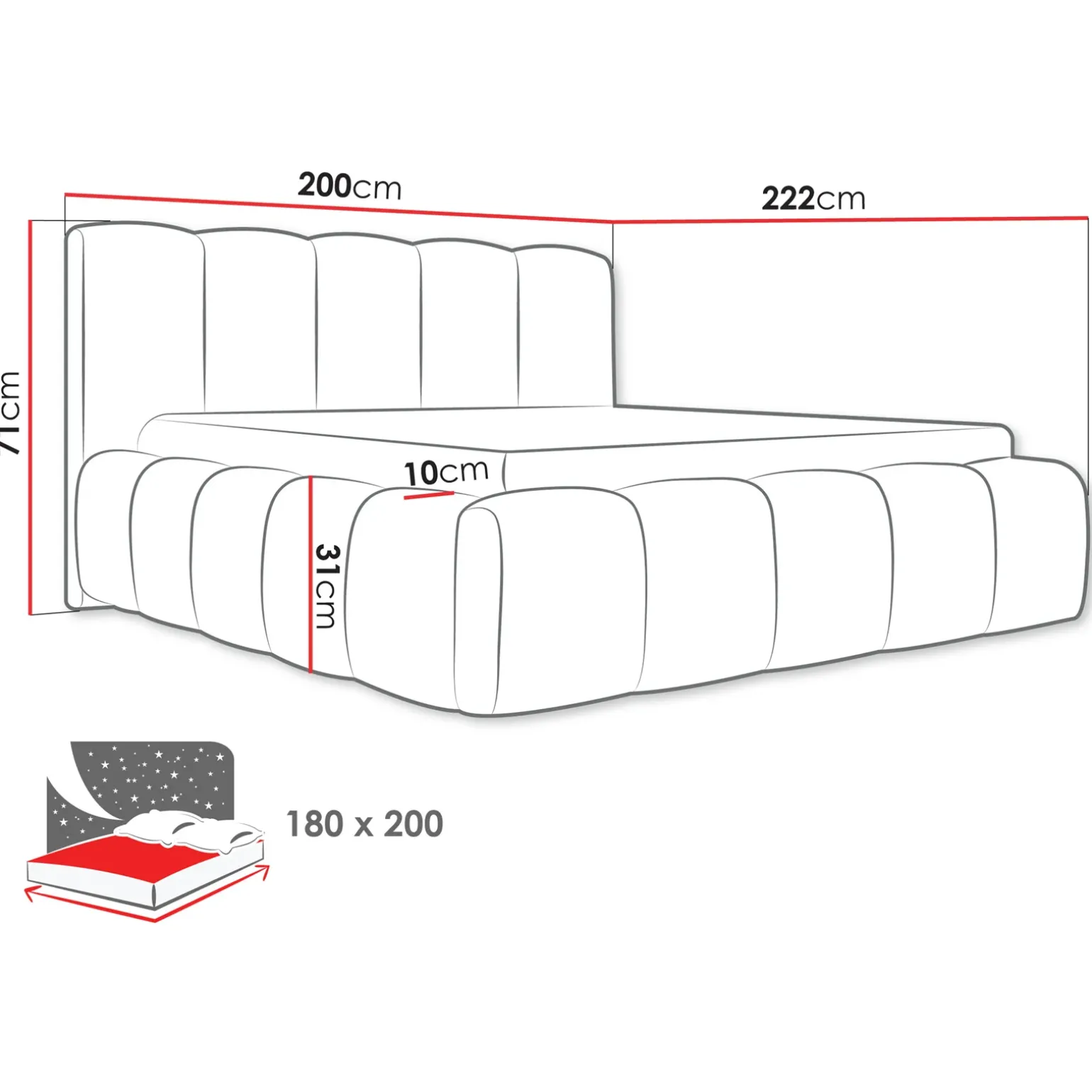 Letto oversize 180x200cm con rete contenitore imbottito tessuto bouclé verde Aluna