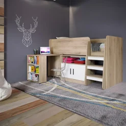 Letto singolo 90x200cm a soppalco rovere sonoma bianco opaco Erick