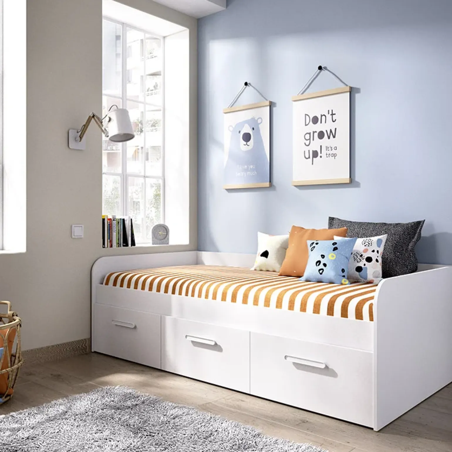 Letto singolo 90x190cm per bambini legno bianco 3 cassetti Alvaro