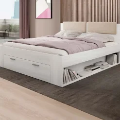 Letto 140x200cm alla francese con cassettone e pino bianco beige Cortina