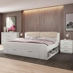 Letto 180x200cm matrimoniale oversize con cassettone pino bianco beige Cortina
