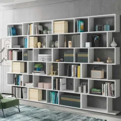 Libreria da parete 320x192h cm moderna soggiorno bianco opaco Amira