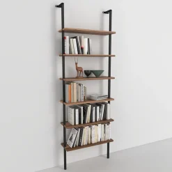 Libreria da parete 60x183h cm con ripiani  industrial  noce metallo nero Biak