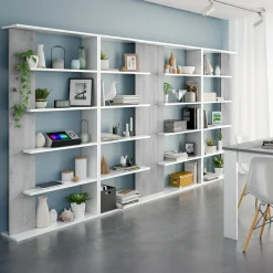 Libreria da parete 360x180h cm soggiorno bianco opaco cemento Aline