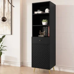 Libreria 50x177h cm 1 anta 3 vani 1 cassetto con frontali decorati nero Simona