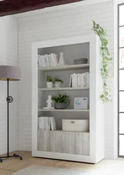 Libreria 110x190h cm 2 ante con ripiani moderna bianco lucido bianco frassinato Florena