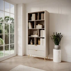 Libreria 88x194h cm 2 cassetti 8 vani a giorno beige cannettato Ramis