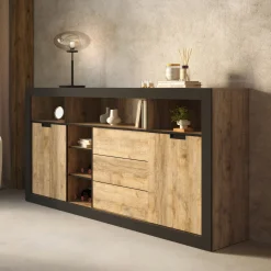 Madia 220x110 h cm 2 ante 3 cassetti 6 vani a giorno rovere rustico nero Ilyssa