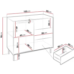 Madia 103x90h cm 1 anta 3 cassetti  design cannettato bianco Strike