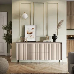 Madia 166x83h cm 2 ante 3 cassetti con led cannettato beige nero Camelia