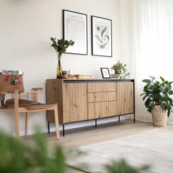 Madia  166x83h cm 2 ante 3 cassetti con led cannettato rovere rustico nero Camelia
