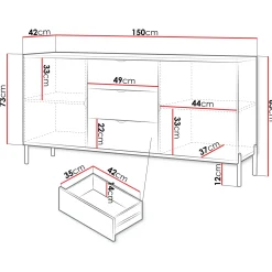 Madia 150x85h cm 2 ante 3 cassetti con frontali decorati bianco Amsterdam