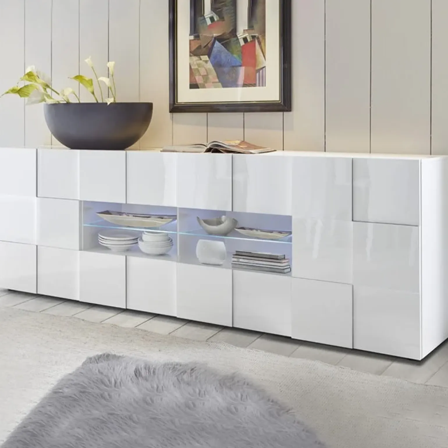 Madia 241x84h cm 2 ante 4 cassetti moderna bianco lucido Obsession