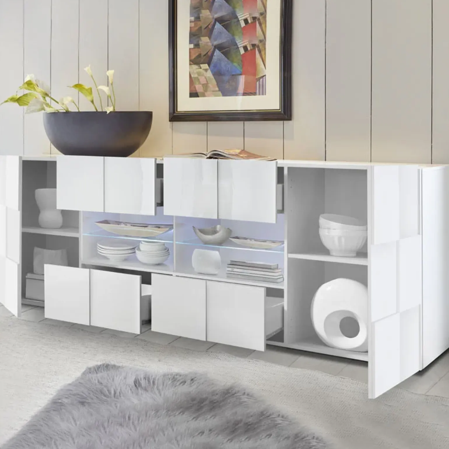 Madia 241x84h cm 2 ante 4 cassetti moderna bianco lucido Obsession