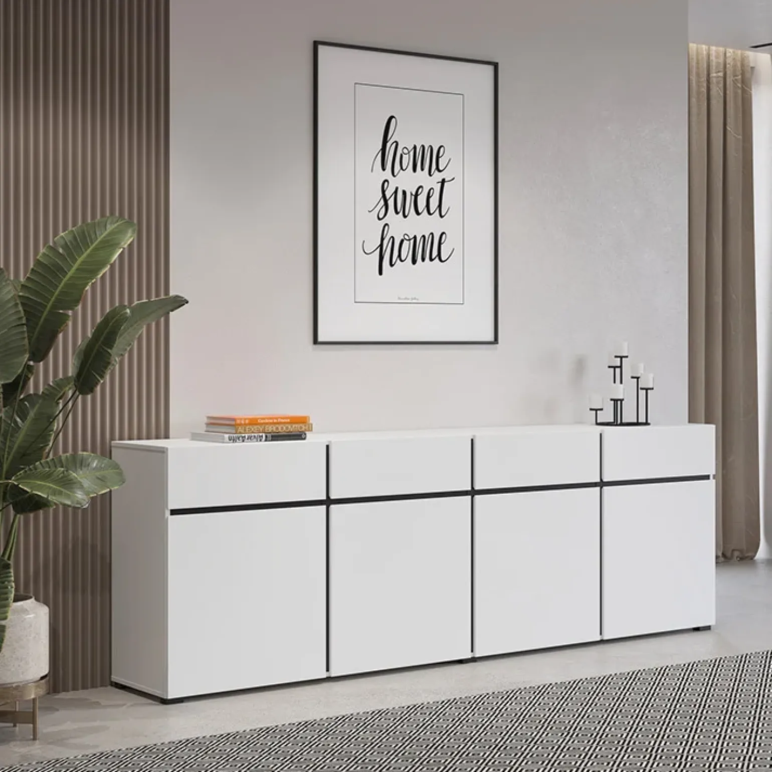 Madia 225x78h cm 4 ante 4 cassetti moderna bianco opaco nero Lolla