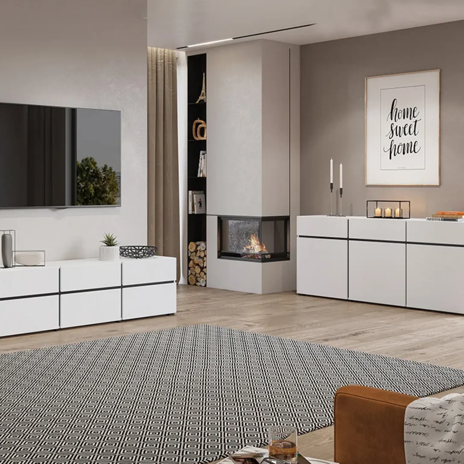 Madia 225x78h cm 4 ante 4 cassetti moderna bianco opaco nero Lolla