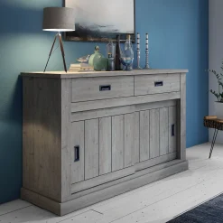 Madia 150x100h cm 2 ante scorrevoli 2 cassetti soggiorno rovere grigio nero Islen