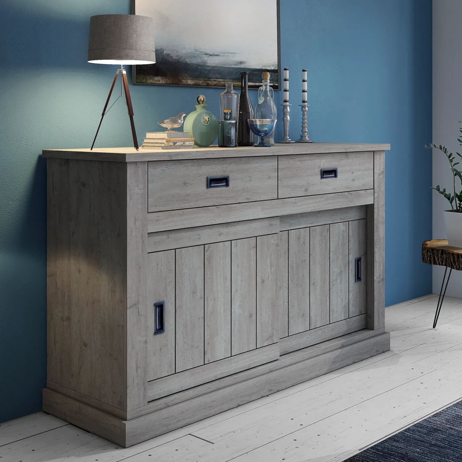 Madia 150x100h cm 2 ante scorrevoli 2 cassetti soggiorno rovere grigio nero Islen