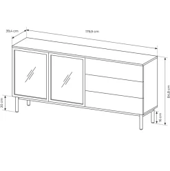 Madia 180x85h cm 2 ante vetrate 3 cassetti con led nero opaco rovere Amel