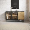 Madia 150x85h cm 2 ante vetrate 3 cassetti con led nero rovere Amel