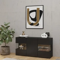 Madia 120x62h cm con vetrinetta moderna nero rovere Fusion