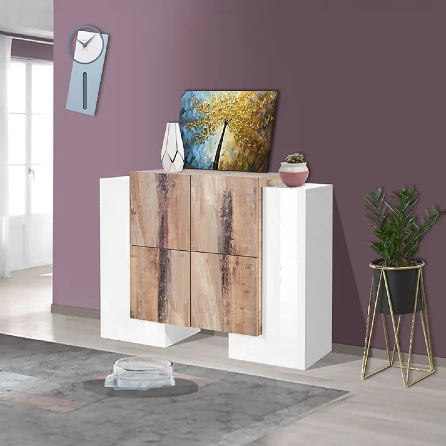Madia 130x85h cm moderna bianco lucido rovere chiaro Akoya