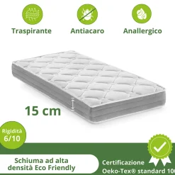 Materasso singolo 90x190cm anallergico antiacaro H. 15cm Smart Sleep