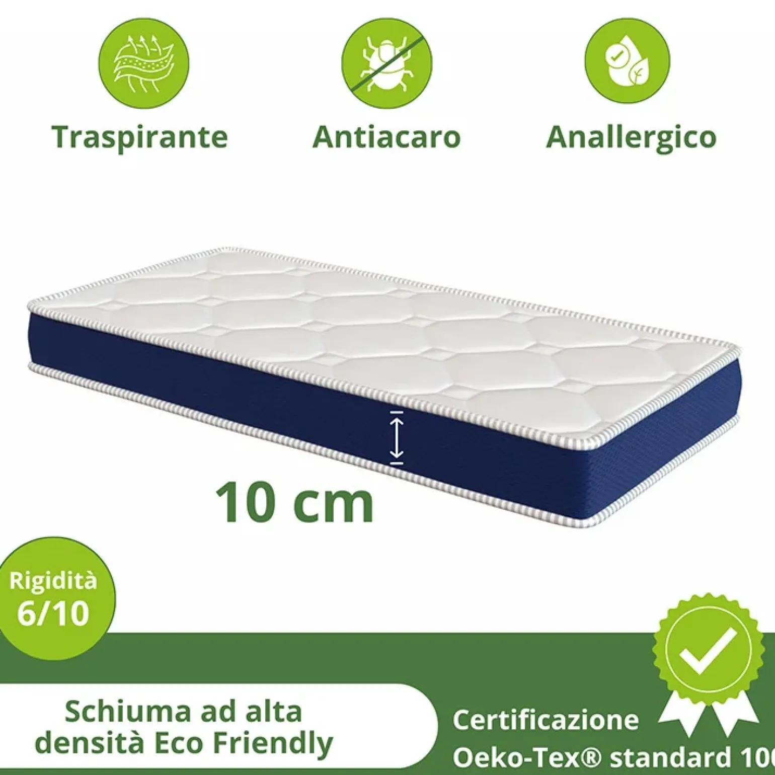 Materasso singolo 90x200cm schiumato antiacaro H. 10cm Top Dream