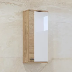 Mobile bagno a terra 61cm con specchio e colonne bianco lucido rovere Crystal