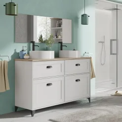 Mobile bagno a terra 120cm con doppio lavabo 2 ante 2 cassetti bianco rovere Ilias