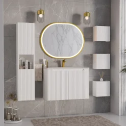 Mobile bagno sospeso cannettato 80cm con lavabo, colonna e 3 pensili bianco rovere Cleany