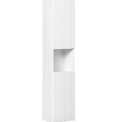 Mobile bagno sospeso cannettato 80cm con lavabo, colonna e 3 pensili bianco rovere Cleany