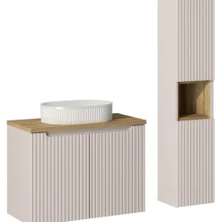 Mobile bagno sospeso cannettato 80cm con lavabo e colonna beige rovere Cleany