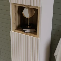 Mobile bagno sospeso cannettato 80cm con lavabo e colonna beige rovere Cleany