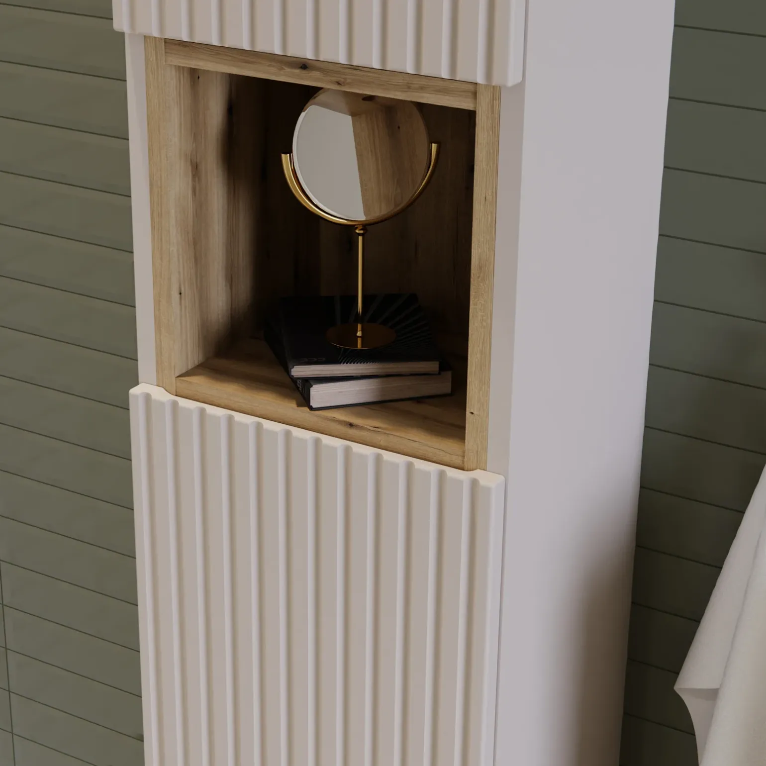 Mobile bagno sospeso cannettato 80cm con lavabo e colonna beige rovere Cleany