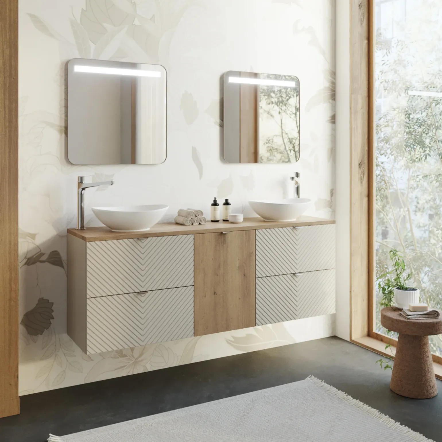 Mobile bagno sospeso 160cm 4 cassetti e portabiancheria beige cashmere Neutry