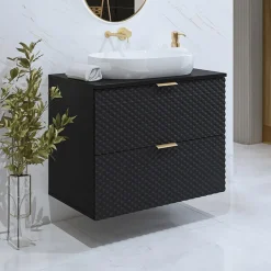 Mobile bagno sospeso 81cm 2 cassetti nero frontali decorati Konny