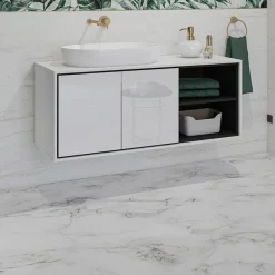 Mobile bagno sospeso 120cm 2 ante e 2 vani a giorno bianco lucido nero Linda